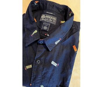 Tropical Cocktail Print Vacation Shirt Black Cotton Button Up XXL Resortcore